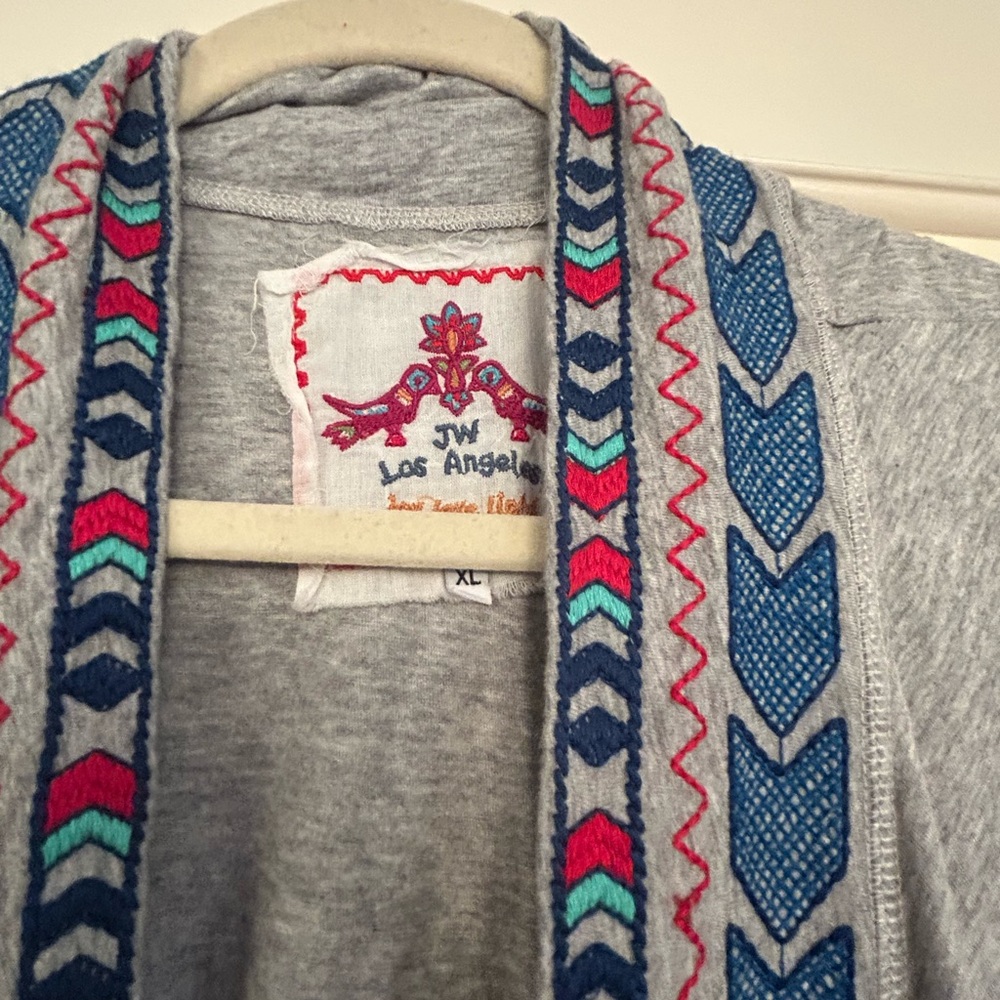 Johnny Was Open Front Cardigan XL Gray Blue Embroidery Southwestern Cotton Boho - Picture 2 of 5
